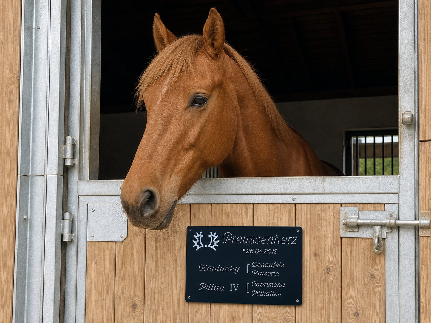Stallschild Aluminium Textvariante 2 (2 Generationen Abstammung)